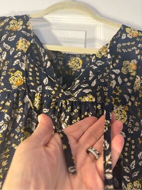 Gap Navy Floral Tie-Front Blouse with Yellow Accent
